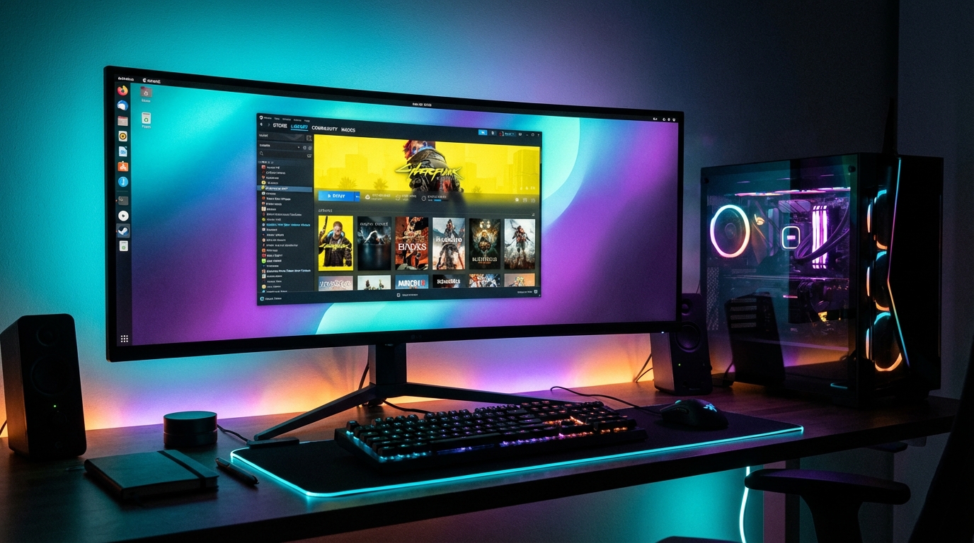 Linux gaming setup 2026 with Steam on screen