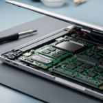 Laptop motherboard with soldered SSD chips on repair workbench