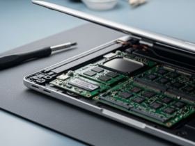 Laptop motherboard with soldered SSD chips on repair workbench