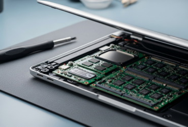 Laptop motherboard with soldered SSD chips on repair workbench