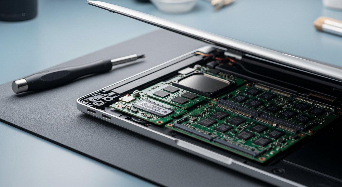 Laptop motherboard with soldered SSD chips on repair workbench