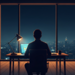 Silhouette of a person sitting at a laptop facing a nighttime city skyline representing the isolation of hitting 1 million net worth at 30