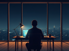 Silhouette of a person sitting at a laptop facing a nighttime city skyline representing the isolation of hitting 1 million net worth at 30