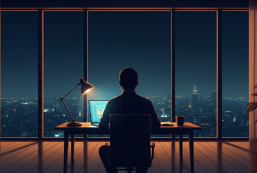 Silhouette of a person sitting at a laptop facing a nighttime city skyline representing the isolation of hitting 1 million net worth at 30