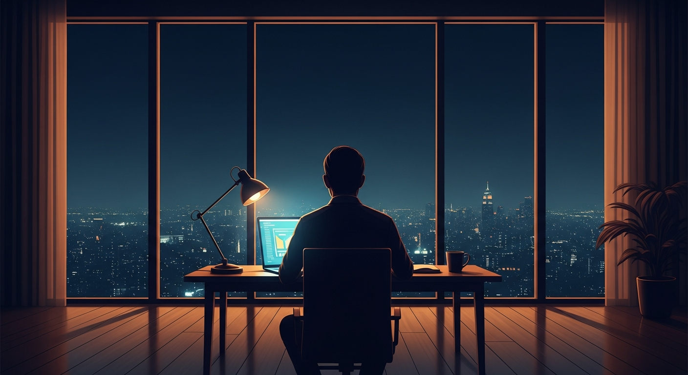 Silhouette of a person sitting at a laptop facing a nighttime city skyline representing the isolation of hitting 1 million net worth at 30