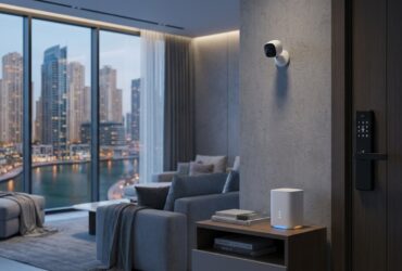 Smart home devices in a Dubai apartment: a wall-mounted IP security camera, a keypad smart door lock, and a Wi-Fi router, with Dubai Marina towers through the window