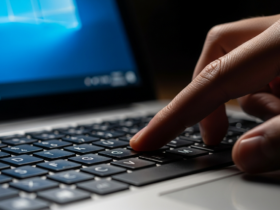 Hand pressing the F2 key on a laptop keyboard to open BIOS