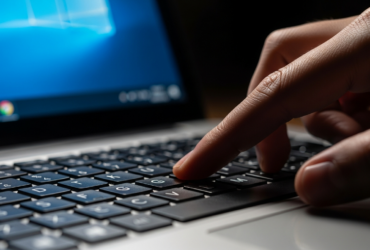 Hand pressing the F2 key on a laptop keyboard to open BIOS
