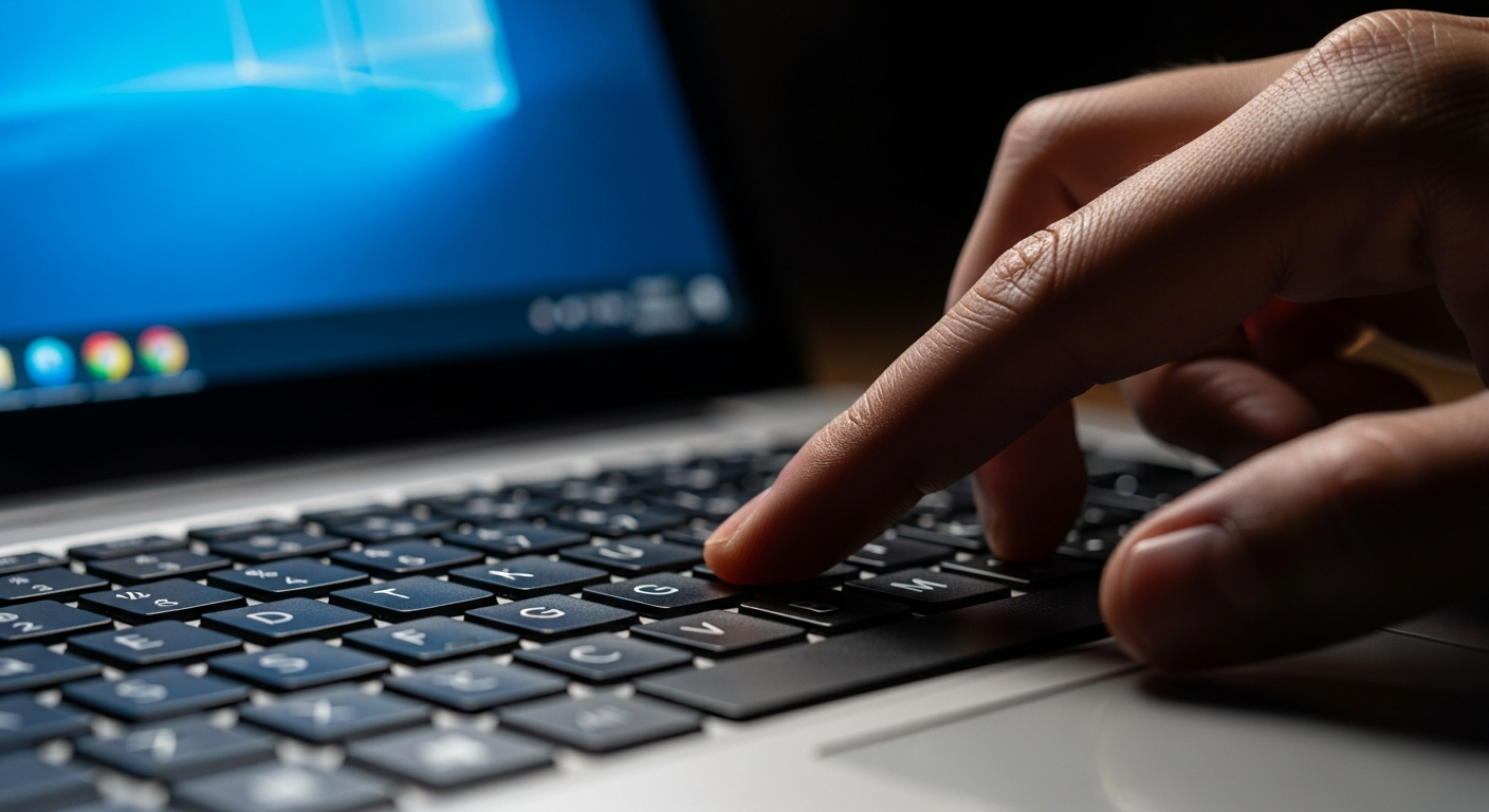Hand pressing the F2 key on a laptop keyboard to open BIOS